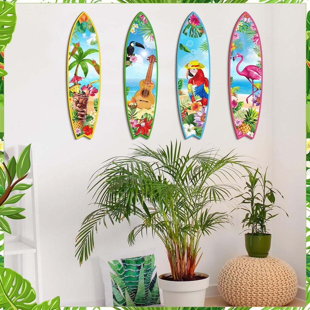 Blulu 4 Pcs Surfboard Wall Decor Surfboard Wall Hanging Sign Wooden Beach Decoration Summer Theme Decor Hawaiian Luau Party Decoration for Home Bar Aloha Tropical Birthday Party(Tiki) wourant