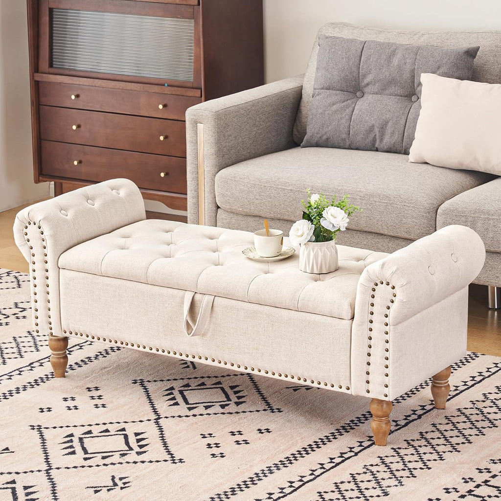 Furniliving Modern Storage Ottoman Bench, Sherpa Ottoman End of Bed Bench with Solid Wood Legs Upholstered Ottoman Benches with Storage Indoor Bench wourant