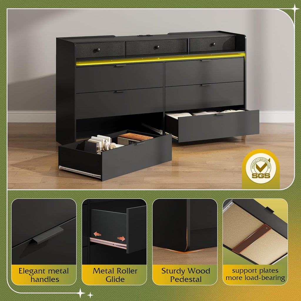 9 Drawer Led Dresser for Bedroom, 58.35'' Wide Wood Dresser Storage Organizer with Power Outlets for 65'' TV, Dressers with Open Shelves wourant