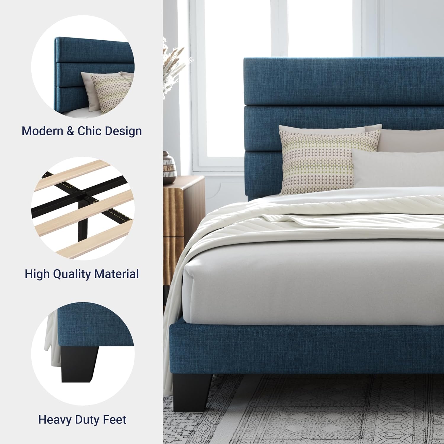 Allewie Queen Size Platform Bed Frame Fabric Upholstered Headboard Wooden Slats Support wourant