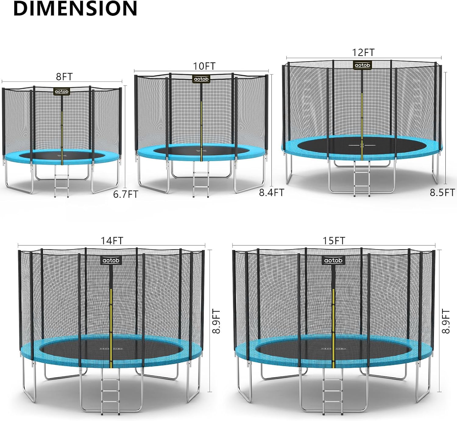 AOTOB 8FT 10FT 12FT 14 FT 15FT Trampoline with Safety Enclosure Net，Outdoor Trampoline with Basketball Hoop, Heavy Duty Jumping Mat and Spring Cover Padding for Kids and Adults, Storage Bag and Ladder wourant