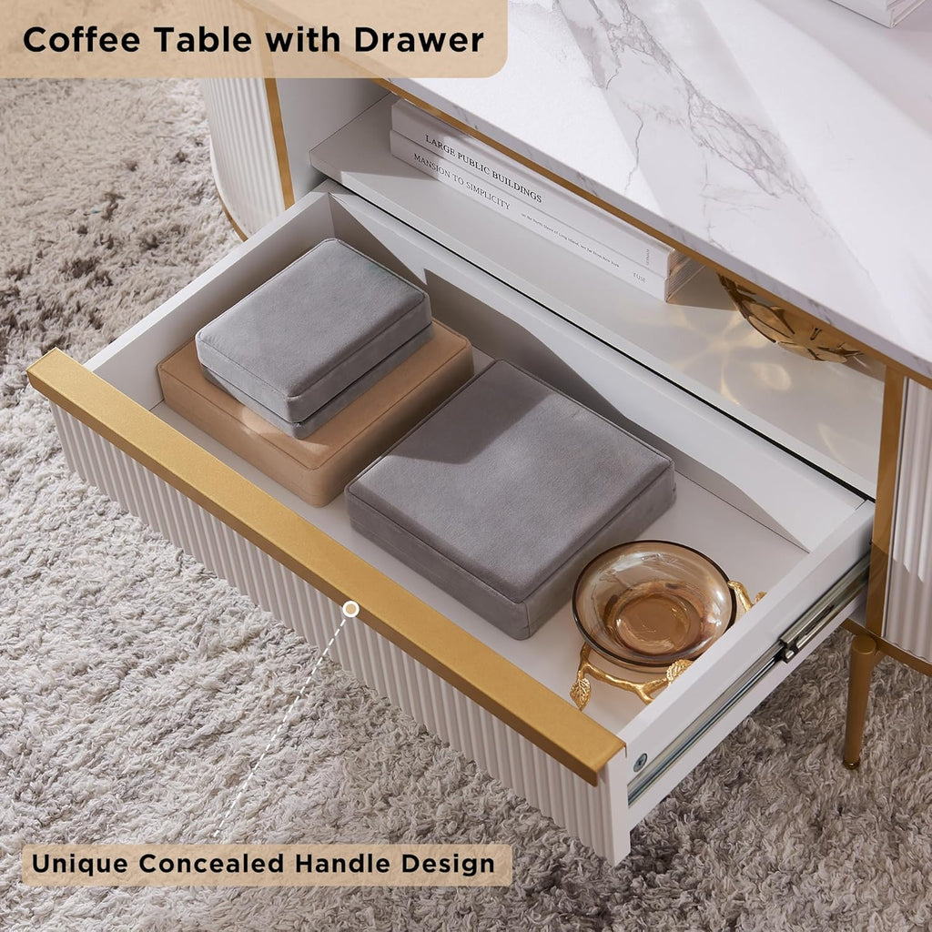 OKD Modern Luxury Grooved Coffee Table, 48 Inch Oval Coffee Table with Drawers, Imitation Marble Top, Curved Contour Design, Gold Metal Trim, Living Room Center Table wourant