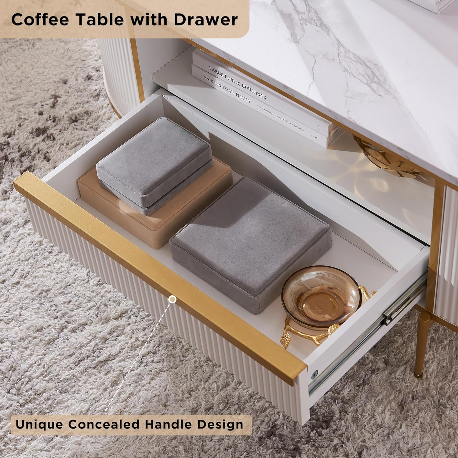 OKD Modern Luxury Grooved Coffee Table, 48 Inch Oval Coffee Table with Drawers, Imitation Marble Top, Curved Contour Design, Gold Metal Trim, Living Room Center Table wourant