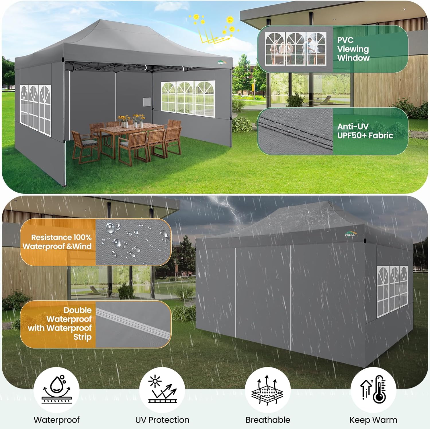 COBIZI 10x20 Heavy Duty Pop up Canopy Tent with 6 sidewalls Easy Up Commercial Outdoor Canopy Wedding Party Tents for Parties All Season Wind & Waterproof Gazebo with Roller Bag,Black(Frame Thickened) wourant