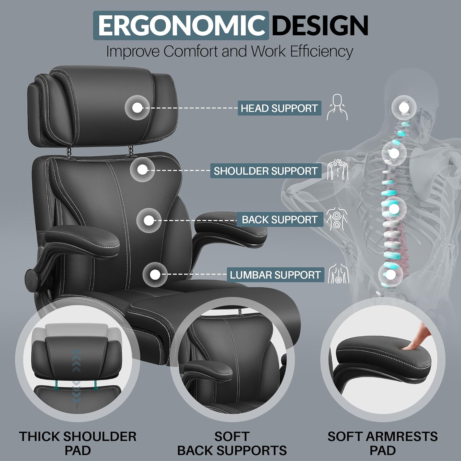 Office Chair Large High-Foot Computer Desk Chair, Breathable Leather Chair Lumbar Support Rotating Computer Chair wourant