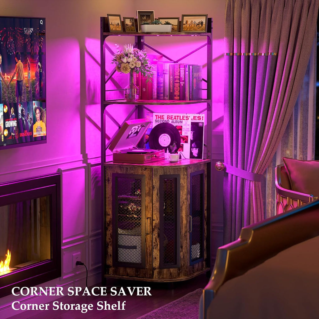 Corner bar cabinet with power socket, industrial style wine cabinet with LED light strip and glass rack, home five-layer wine cabinet bar unit, small space corner display cabinet wourant