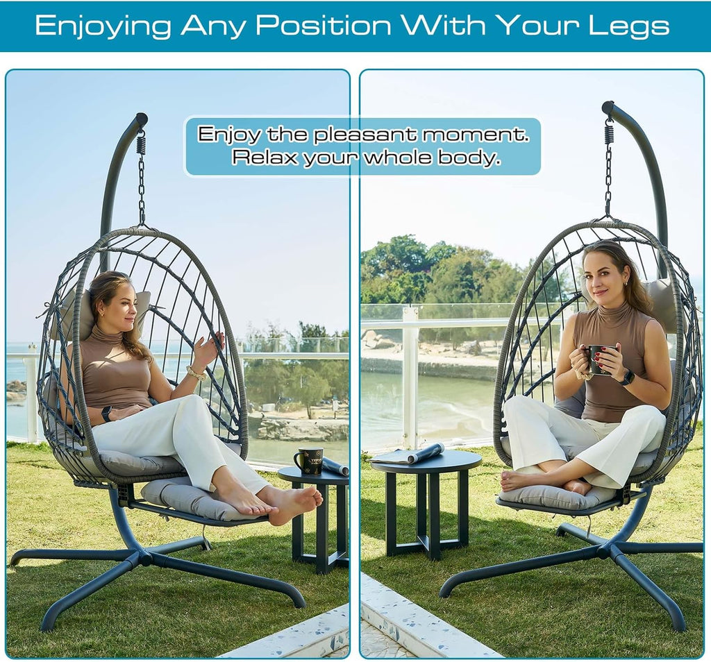 Hanging Egg Chair Stand Leg Rest Rattan Wicker Swing Hammock Chair UV-Resistant Cushion wourant