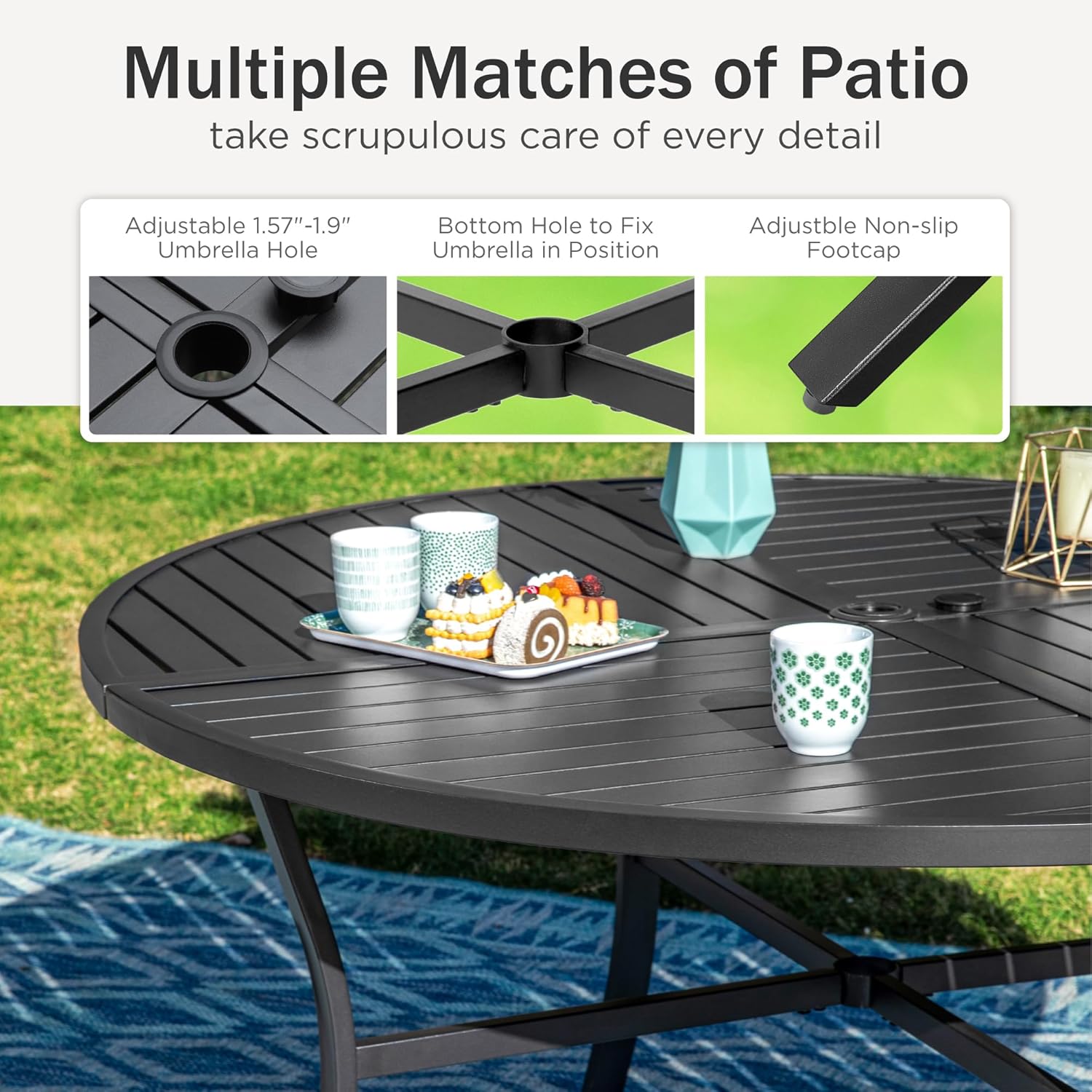 PHI VILLA 6-Piece Outdoor Dining Sets, All-Weather Patio Table and Chairs Set with Umbrella for 4, Heavy Duty Patio Round Table Set for Deck, 4 Extra Large Outdoor Swivel Chairs with Thick Cushions wourant