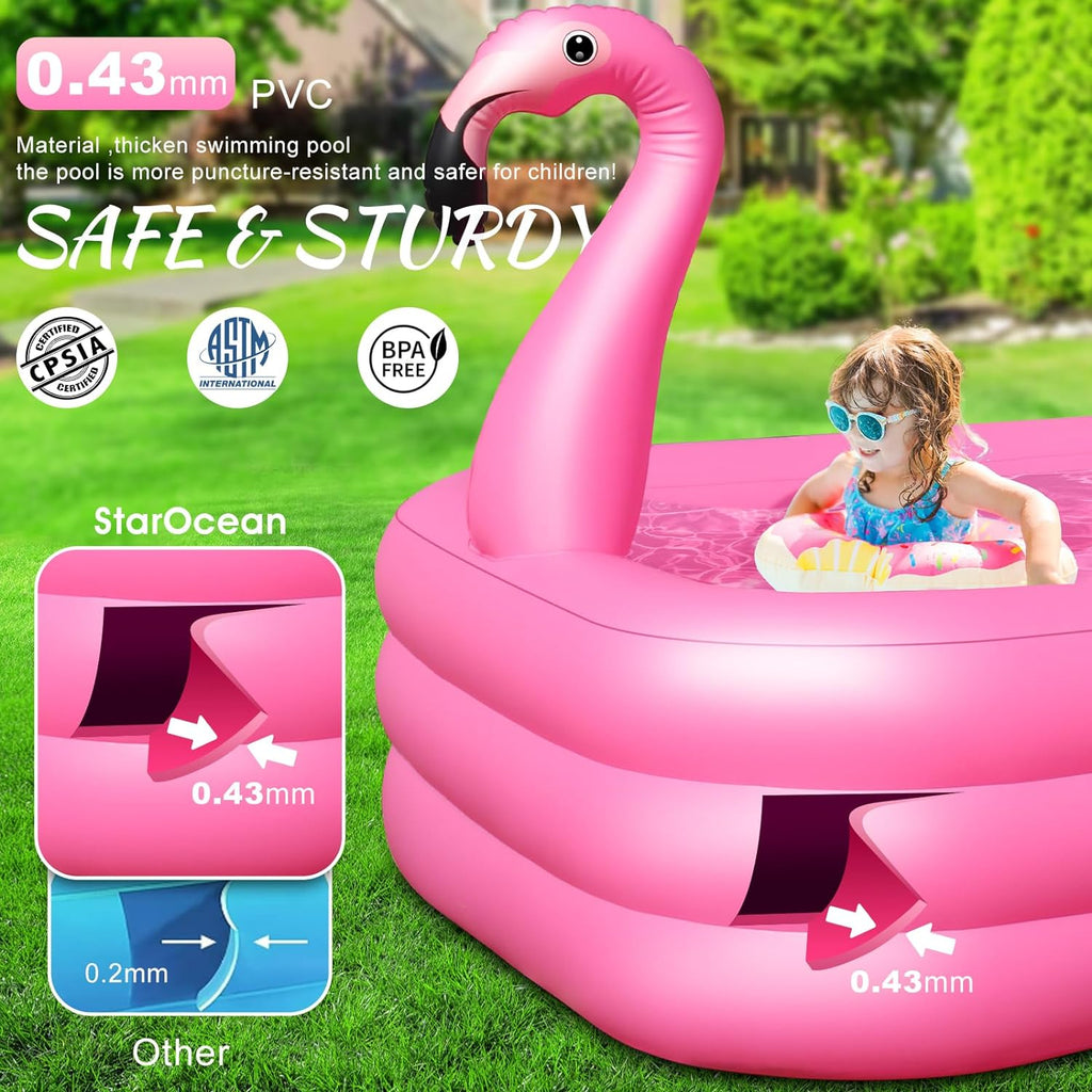 Inflatable Pool with Lights, Solar Flamingo Swimming Pool for Kids,Adults Inflatable Blow up Pool, Large Kiddie Pool, Durable Thickened Inflatable Family Pool for Backyard,Outdoor,105"x65"x25" wourant