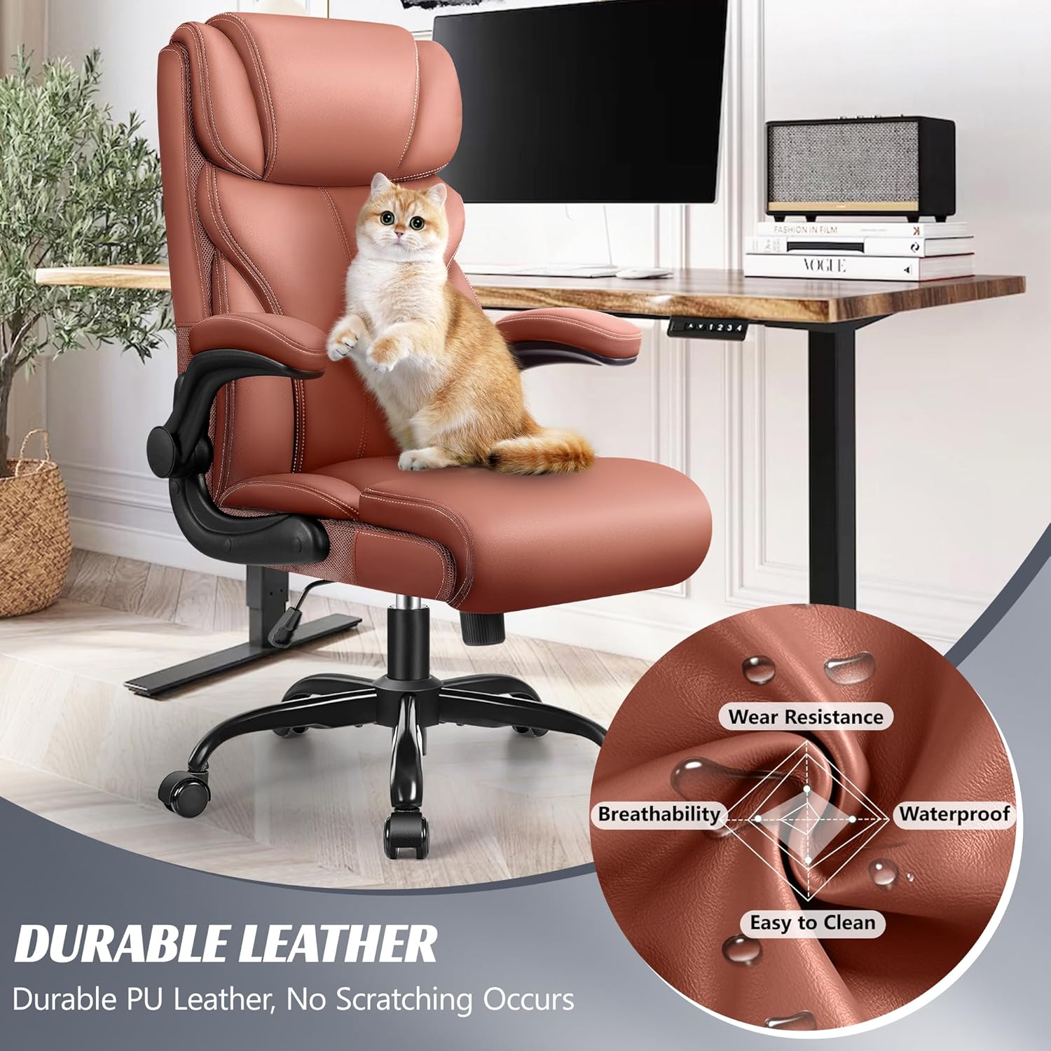 Office Chair Large High-Foot Computer Desk Chair, Breathable Leather Chair Lumbar Support Rotating Computer Chair wourant