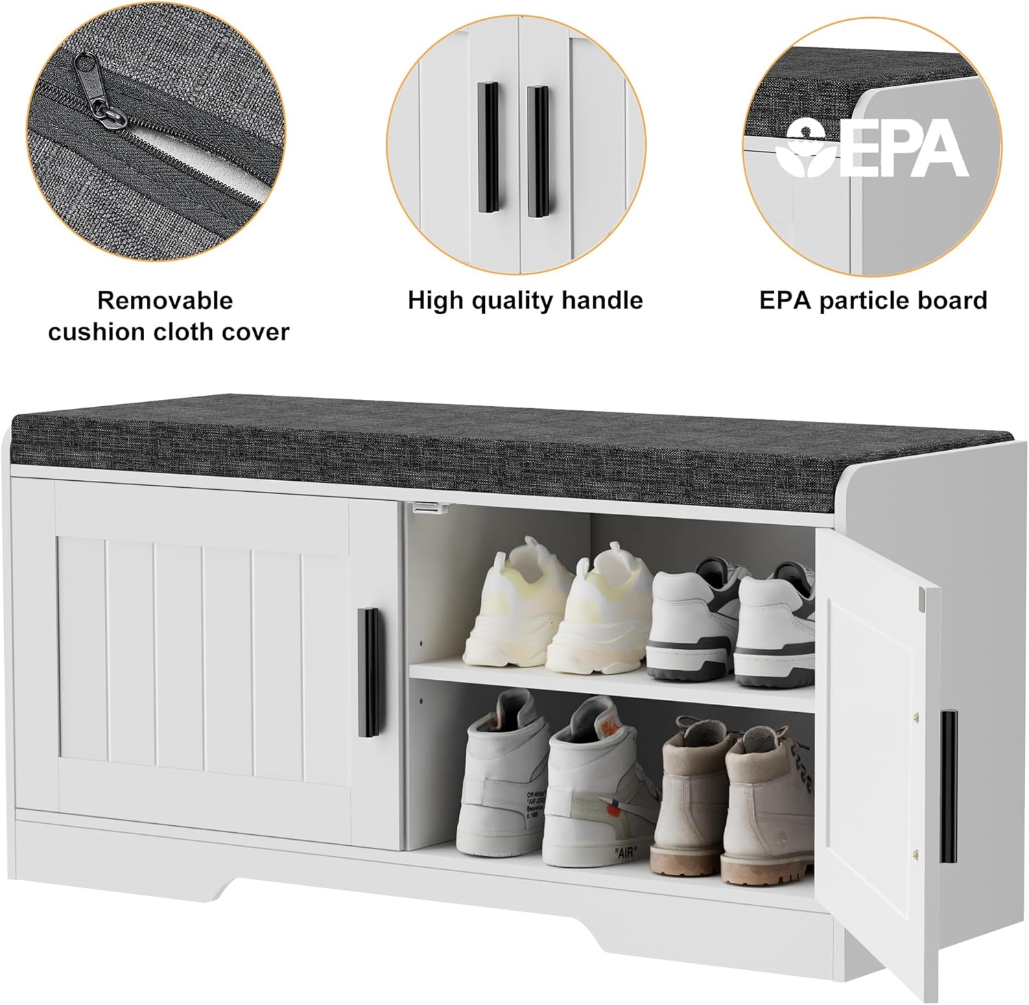 2-Tier Storage Bench, Shoe Bench with Thickened Padded Seat Cushion, Entryway Bench with 4 Doors, Adjustable Shelf, 13.8" D x 45.3" W x 18.5" H, for Entryway, Living Room, Bedroom, White wourant