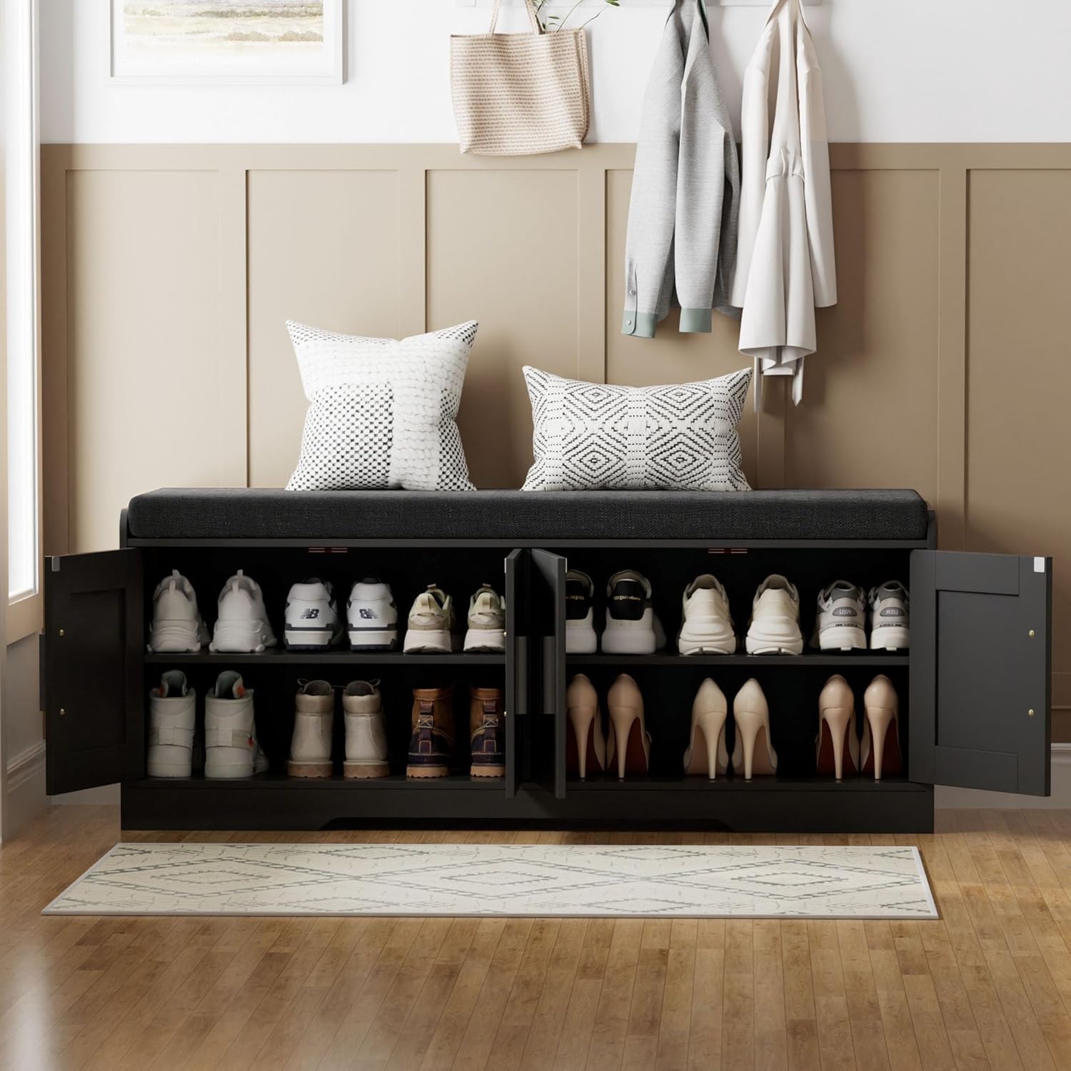 2-Tier Storage Bench, Shoe Bench with Thickened Padded Seat Cushion, Entryway Bench with 4 Doors, Adjustable Shelf wourant