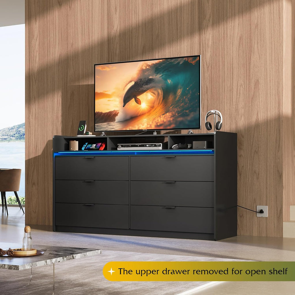 9 Drawer Led Dresser for Bedroom, 58.35'' Wide Wood Dresser Storage Organizer with Power Outlets for 65'' TV, Dressers with Open Shelves wourant