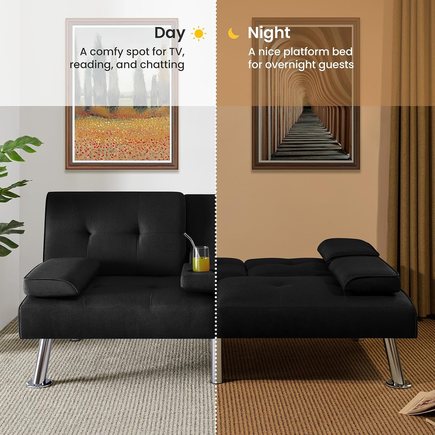 Yaheetech Convertible Sofa Bed Adjustable Couch Sleeper Modern Faux Leather Home Recliner Reversible Loveseat Folding Daybed Guest Bed, Removable Armrests, Cup Holders, 3 Angles, 772lb Capacity, Brown wourant