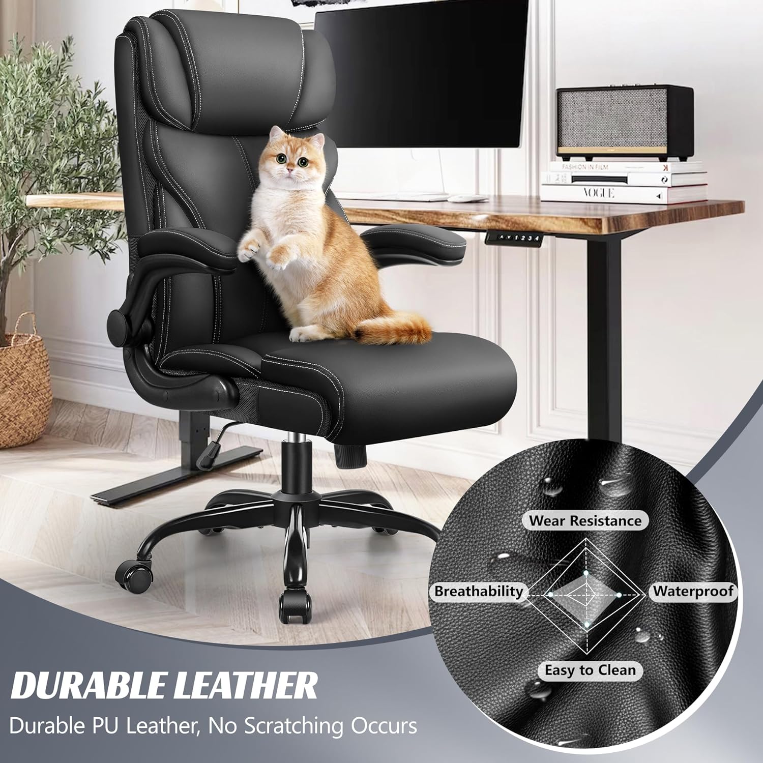 Office Chair Large High-Foot Computer Desk Chair, Breathable Leather Chair Lumbar Support Rotating Computer Chair wourant