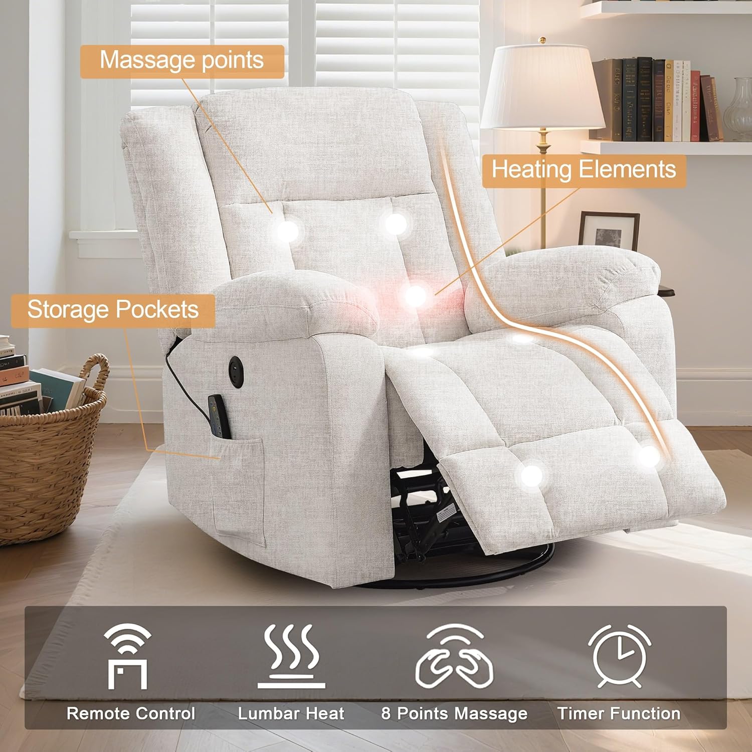 Rocker Recliner, Glider Recliner Chairs for Adults, 360° Swivel Rocking Chair with Massage and Heating, Nursery Chair with Storage and USB Charging for Living Room, Bedroom, Nursery wourant