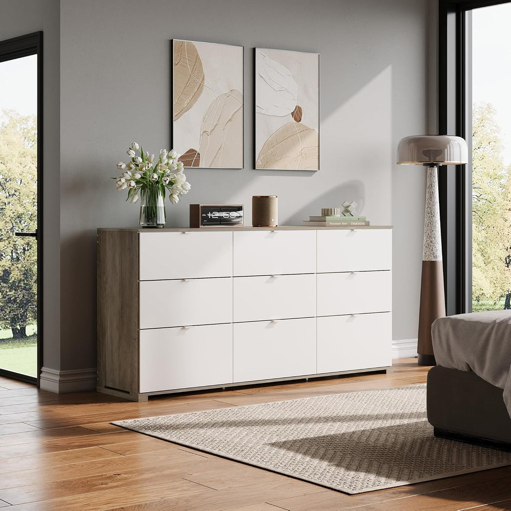9 Drawer Led Dresser for Bedroom, 58.35'' Wide Wood Dresser Storage Organizer with Power Outlets for 65'' TV, Dressers with Open Shelves wourant