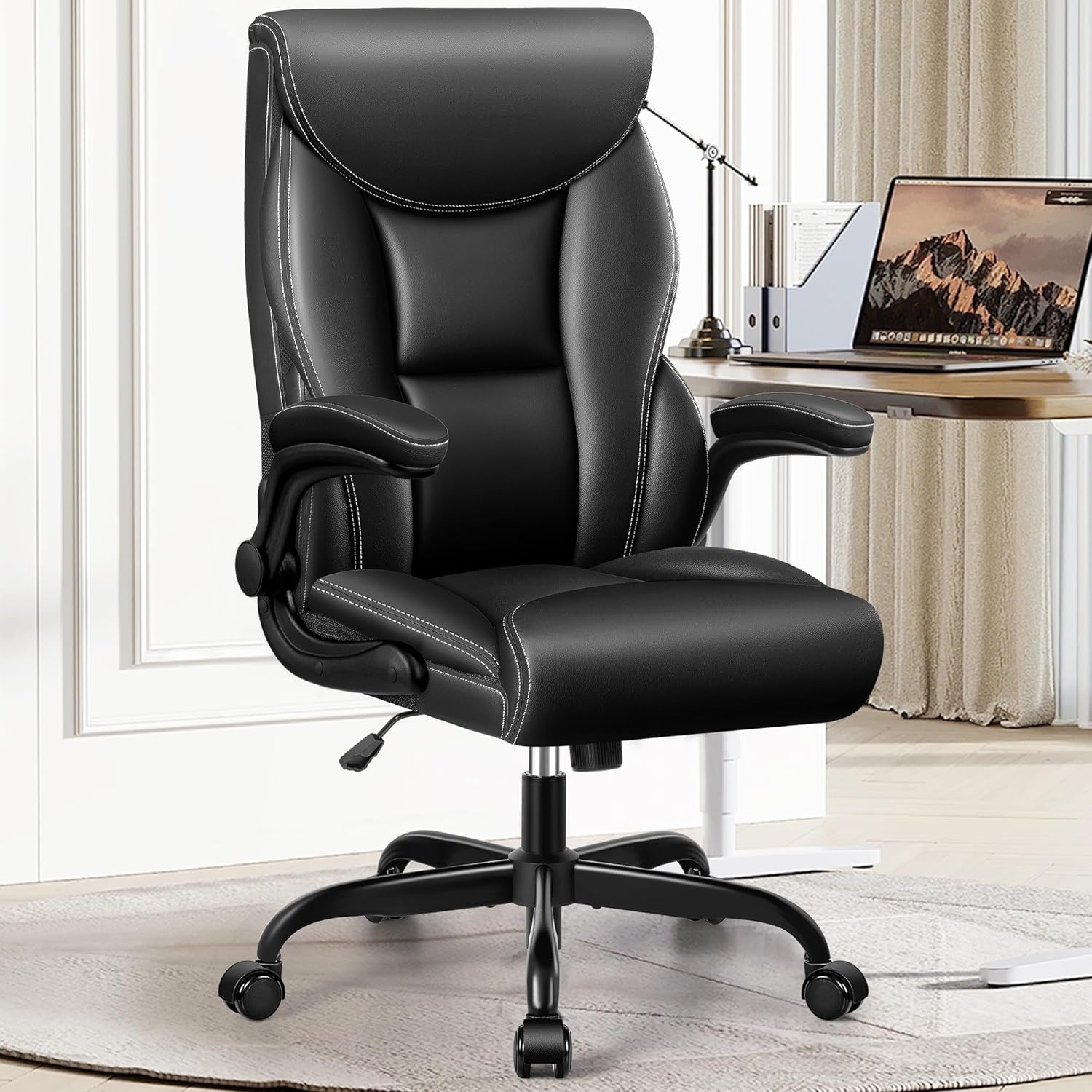 Office Chair Large High-Foot Computer Desk Chair, Breathable Leather Chair Lumbar Support Rotating Computer Chair wourant