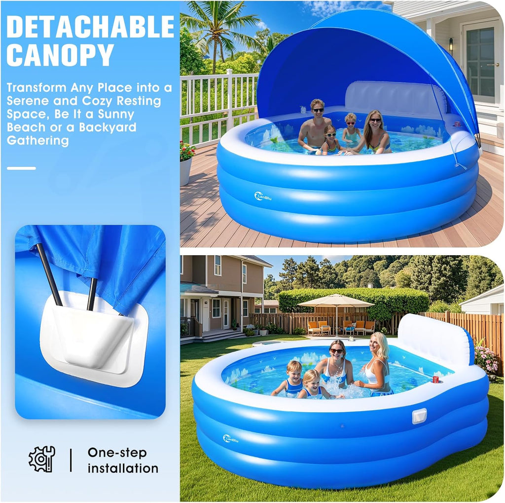2025 Upgraded Inflatable Pool with Canopy, Inflatable Family Lounge Pool, Round Blow Up Pool for Adult with Bench & Backrest, Swim Center Easy Backyard Pools for Kids & Adults, 92"x92"x26", Blue wourant