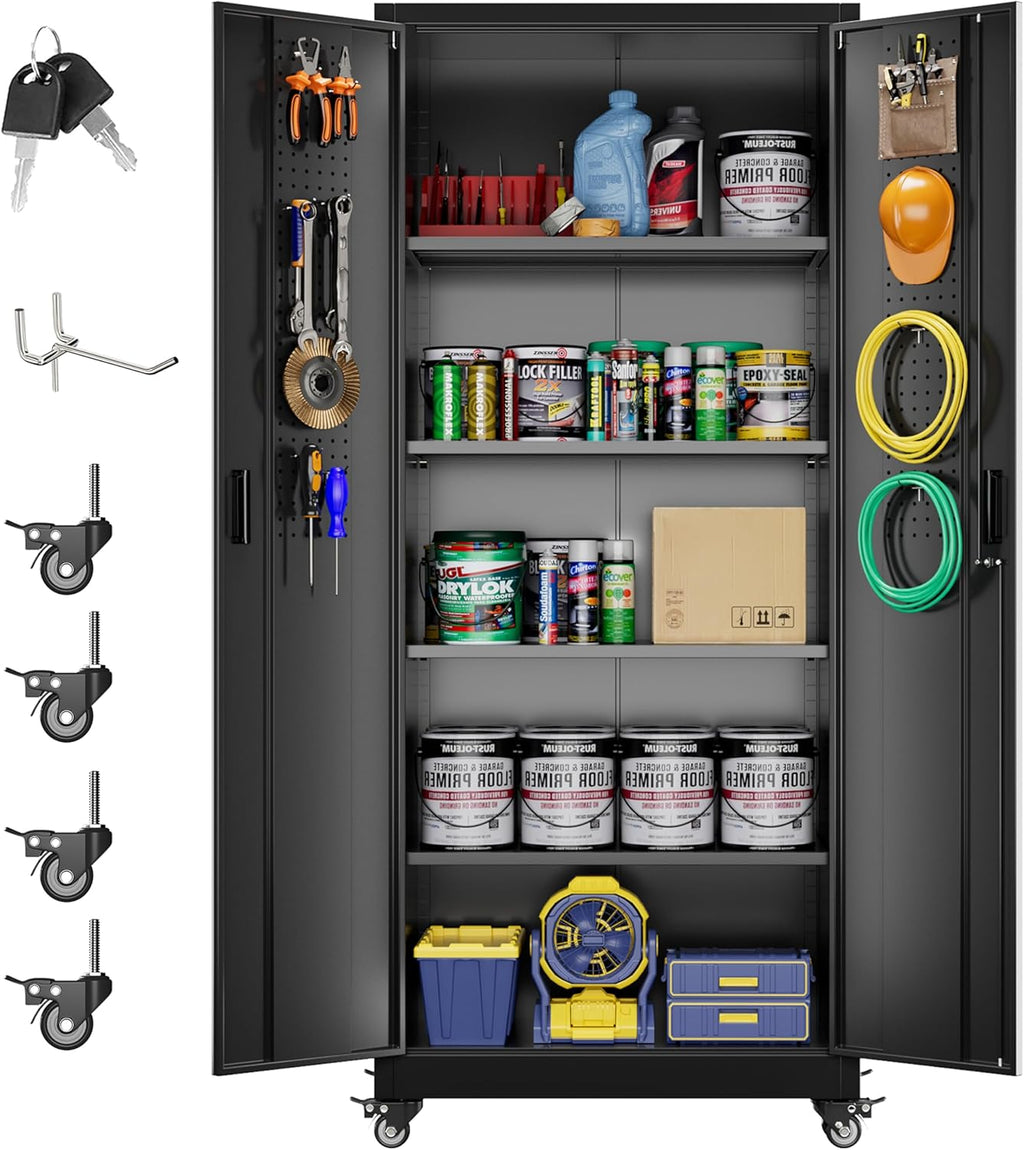 Aobabo 73''H Metal Garage Storage Cabinet with Wheels,Steel Cabinets with 2 Doors and 4 Adjustable Shelves for Home Office,Required Assembly,Black wourant