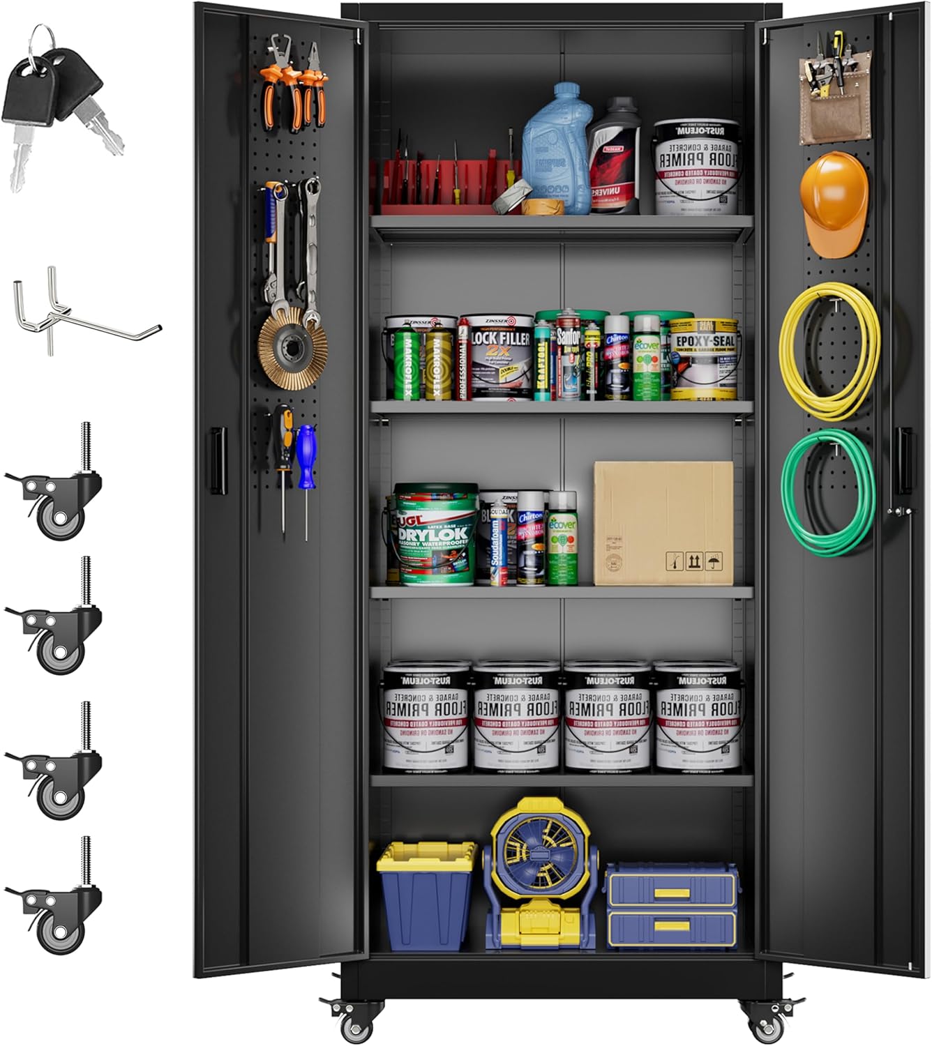 Aobabo 73''H Metal Garage Storage Cabinet with Wheels,Steel Cabinets with 2 Doors and 4 Adjustable Shelves for Home Office,Required Assembly,Black wourant