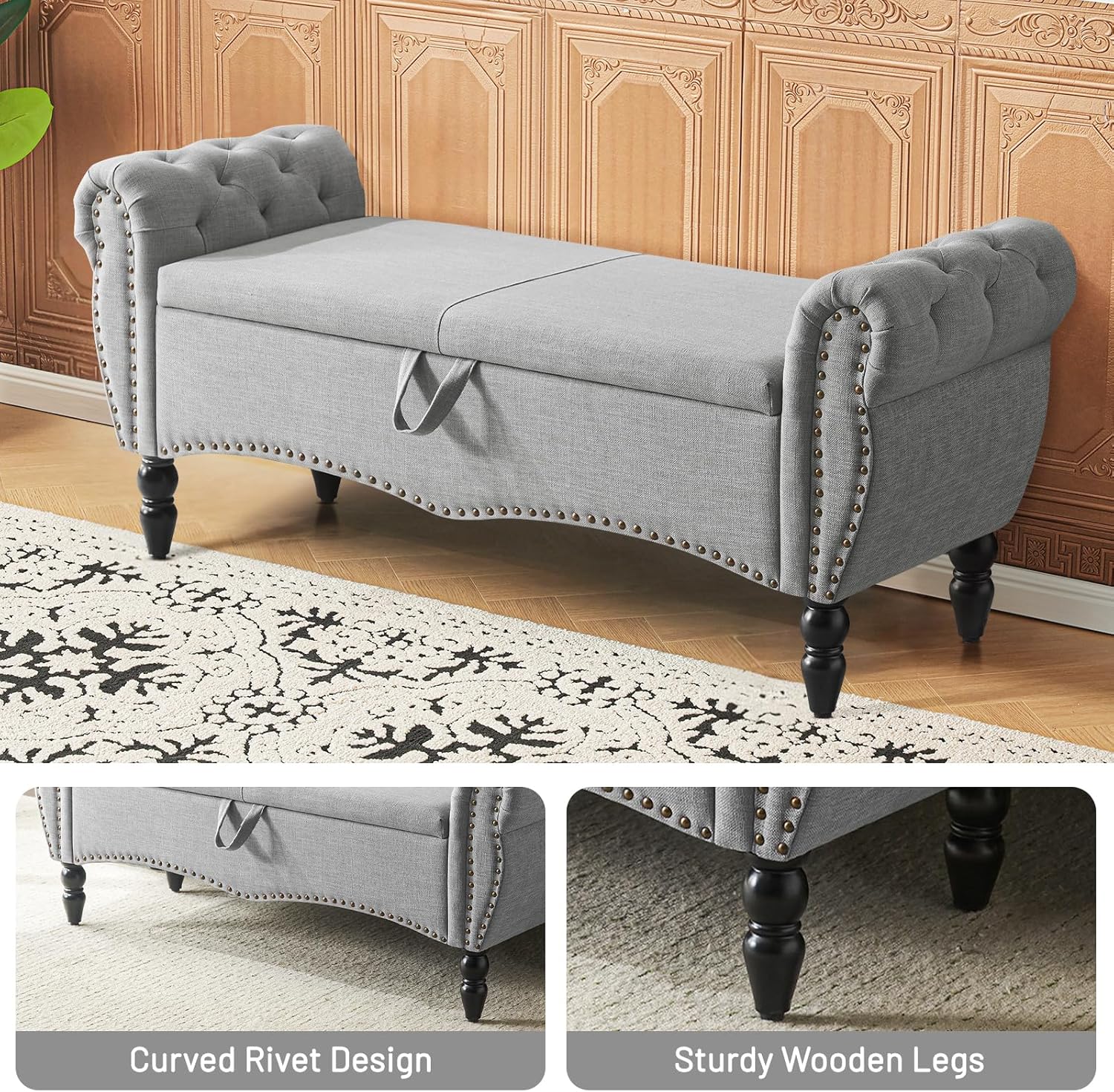Furniliving Modern Storage Ottoman Bench, Sherpa Ottoman End of Bed Bench with Solid Wood Legs Upholstered Ottoman Benches with Storage Indoor Bench wourant
