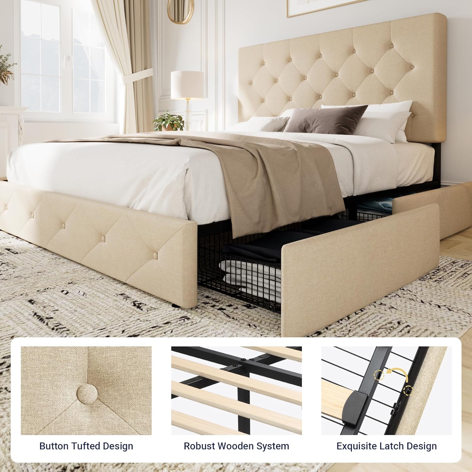 Allewie Upholstered Queen Size Platform Bed Frame with 4 Storage Drawers and Headboard wourant