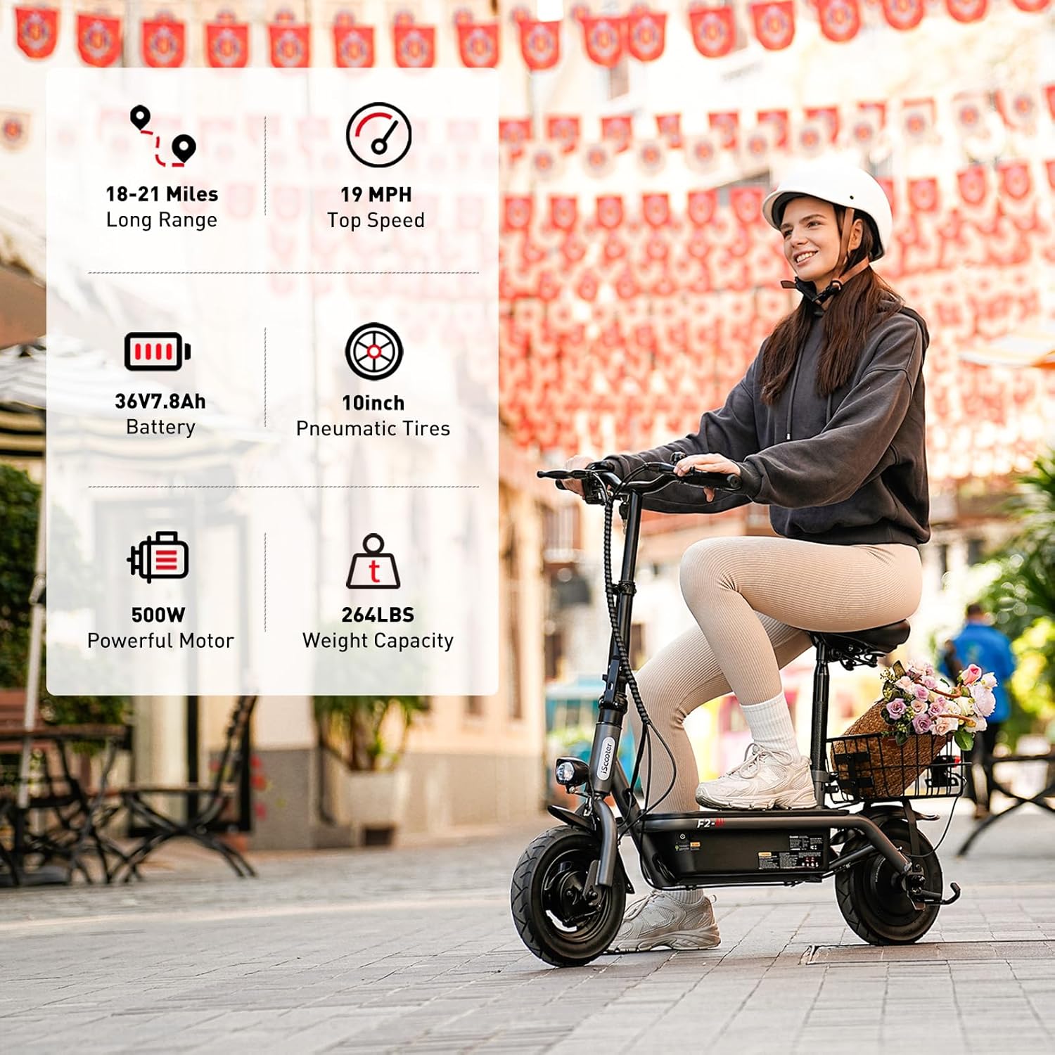 iScooter electric scooter with seat, 37/21 mile range, 28/19/15.6 mph top speed, dual suspension scooter with basket wourant