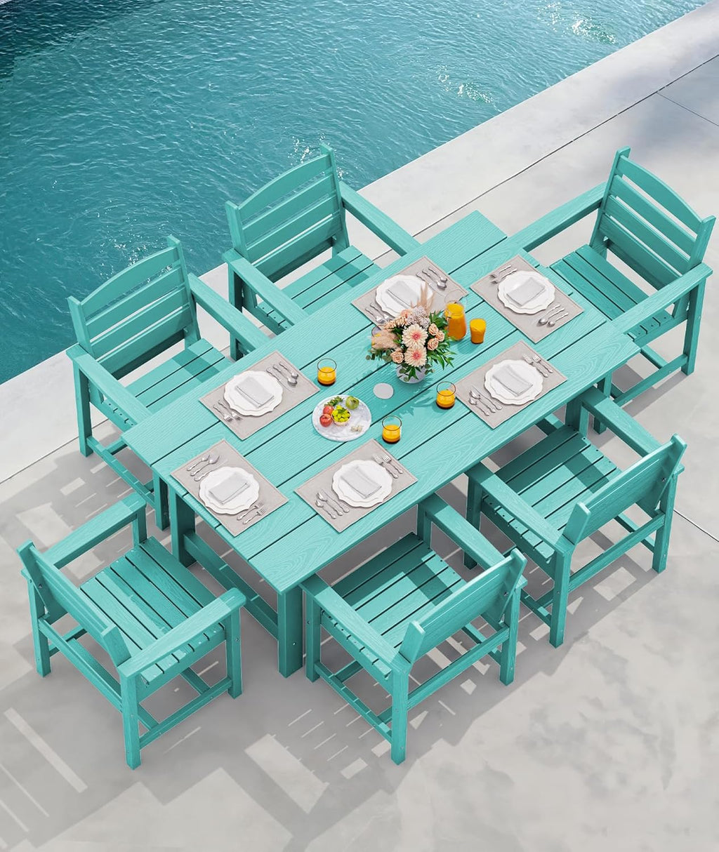 Outdoor HDPE Dining Table Set, 7-Piece Outdoor Dining Table Sets with Umbrella Hole Cut-Out Table and 6 Chairs wourant