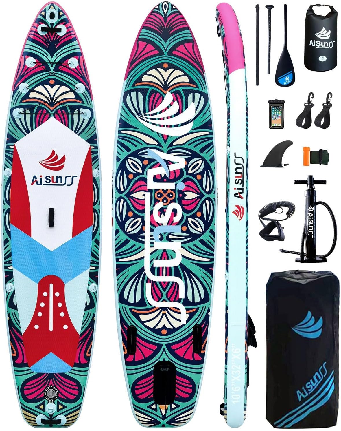 Inflatable wide SUP board with SUP carrying bag, hand pump, 10L waterproof bag and adjustable paddle wourant