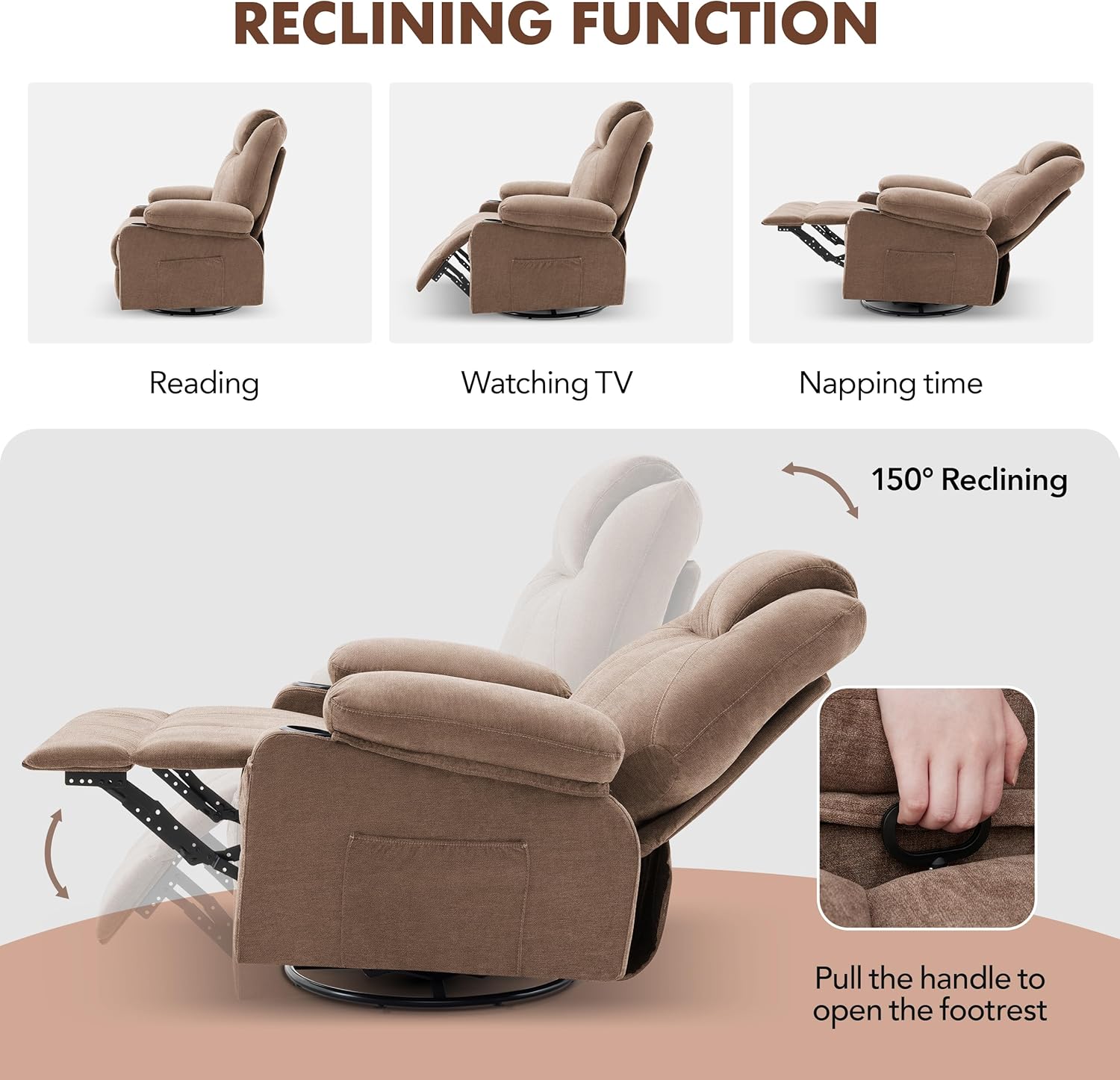 Large Swivel Rocking Recliner with Heating and Massage Function, 360 Degree Swivel Rocking Single Sofa wourant