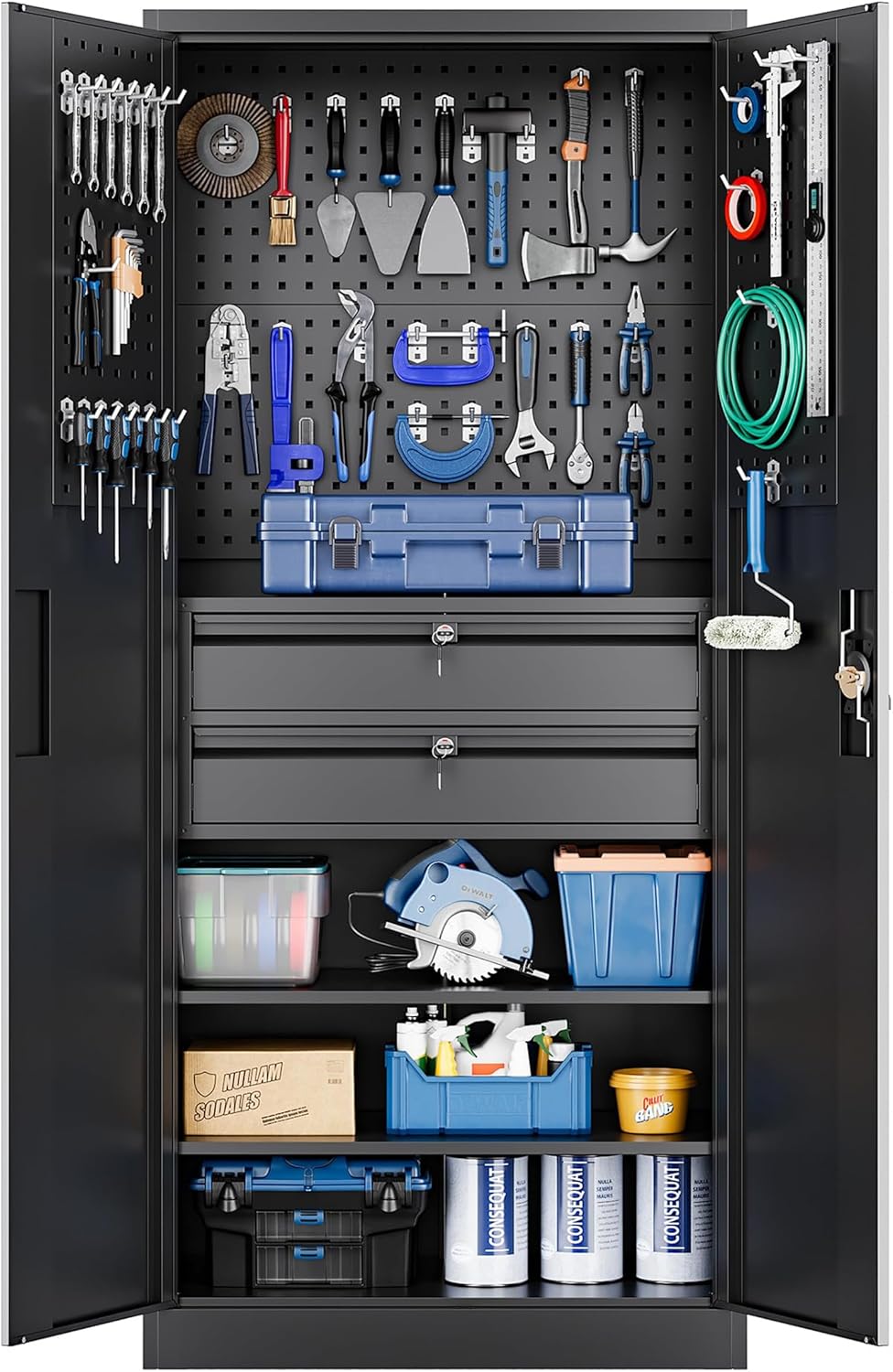 Yizosh Metal Garage Storage Cabinet with Locking Doors and 2 Drawers, Heavy Duty Steel Tool Cabinet with Pegboard, 71" - Lockable Cabinets wourant