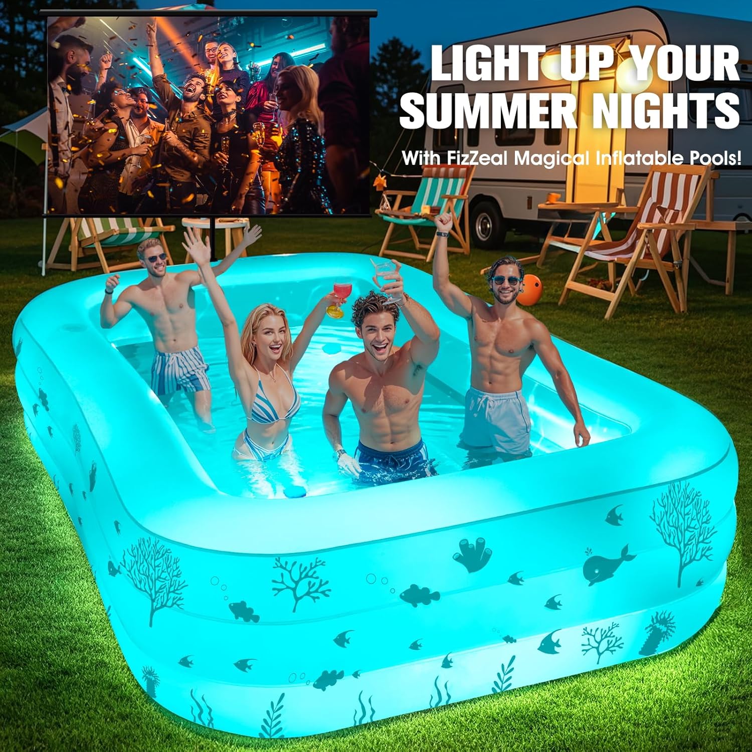 Inflatable Pool with Seat and Pool Lights, Durable Thickened Large Size Family Inflatable Pools for Adults Blow Up Pools,105" x 65" x 25"Swimming Inflatable Kids PooI for Backyard,Outdoor (White) wourant