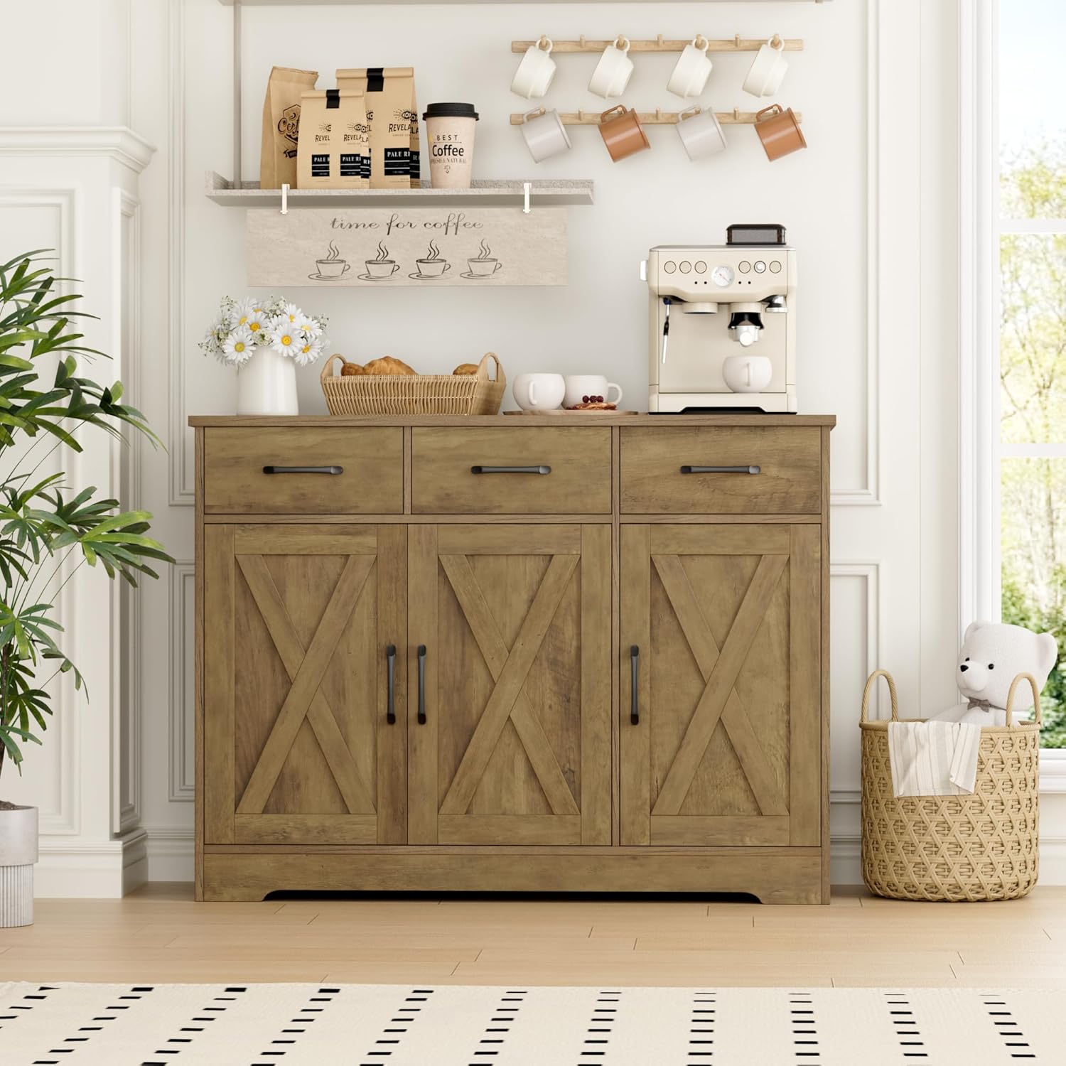 Modern farmhouse sideboard, barn door buffet storage cabinet with drawers and shelves, wooden coffee bar with storage wourant