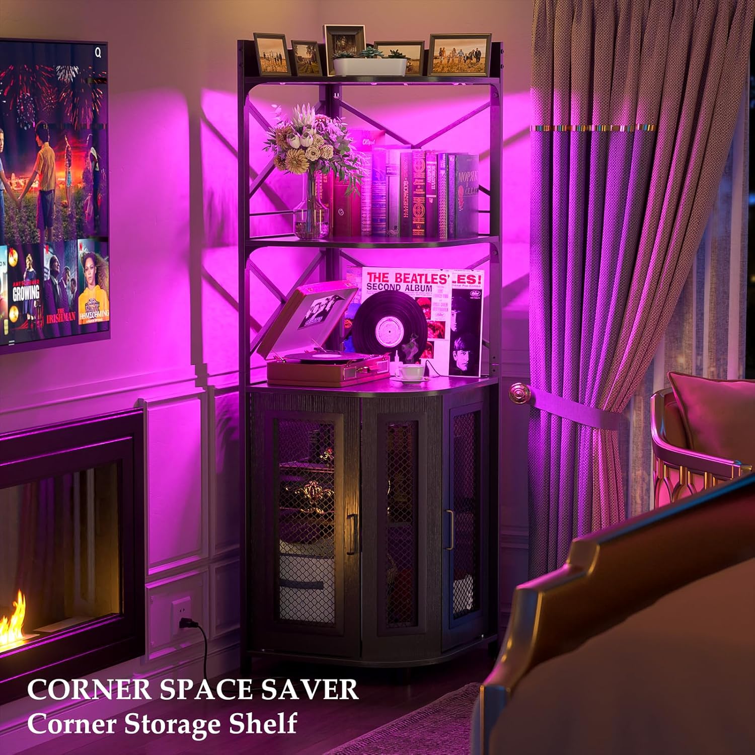 Corner bar cabinet with power socket, industrial style wine cabinet with LED light strip and glass rack, home five-layer wine cabinet bar unit, small space corner display cabinet wourant