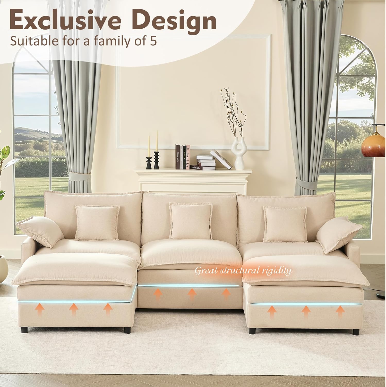108 Inch U Shape Sofa Sectional Sofa Comfortable Cloud Sofa with Removable Footstool wourant