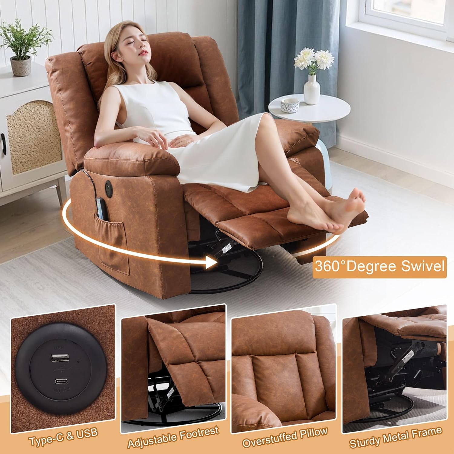 Rocker Recliner, Glider Recliner Chairs for Adults, 360° Swivel Rocking Chair with Massage and Heating, Nursery Chair with Storage and USB Charging for Living Room, Bedroom, Nursery wourant