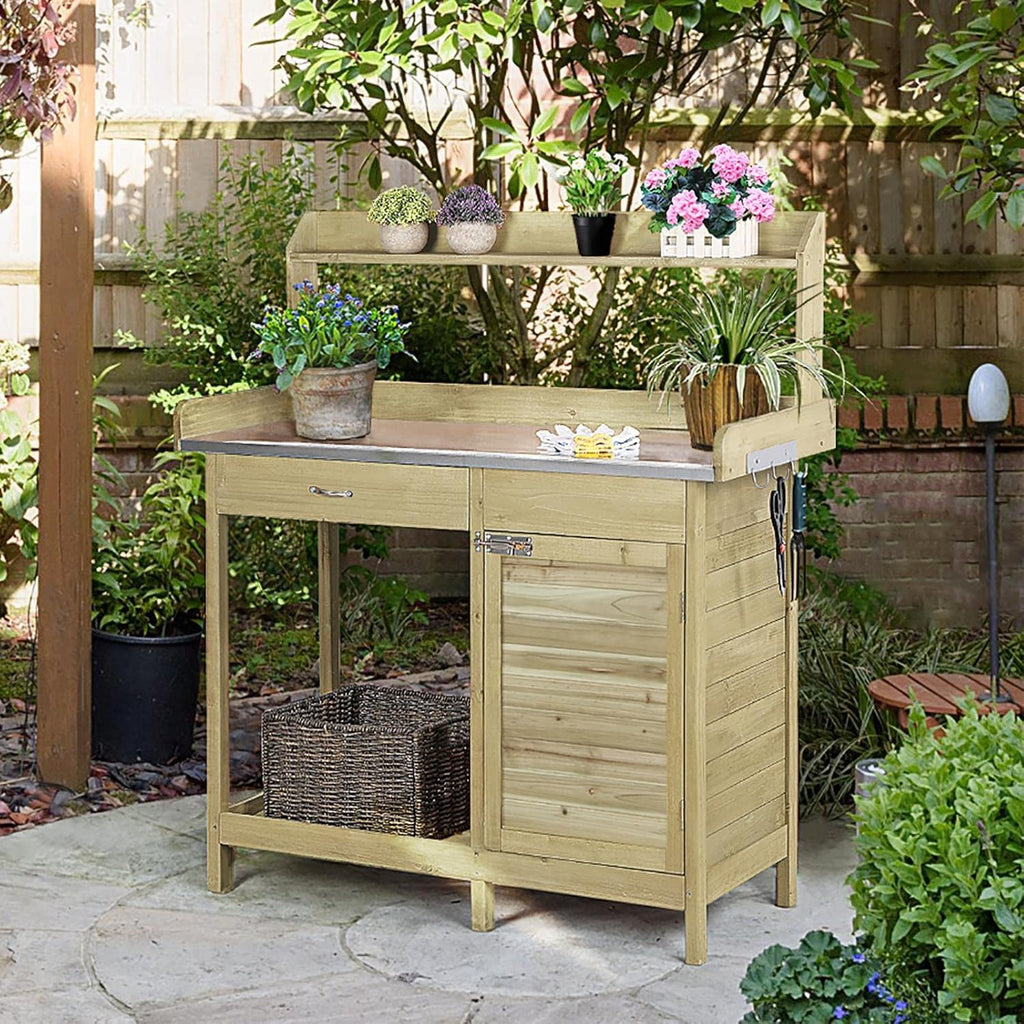Yaheetech Outdoor Garden Potting Bench Table Work Bench Metal Tabletop W/Cabinet Drawer Open Shelf Natural Wood wourant