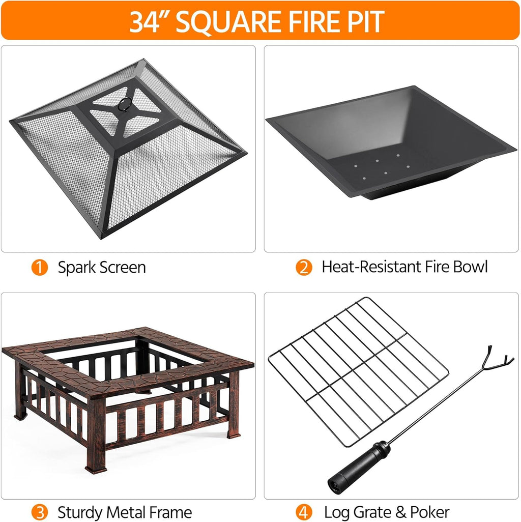 Yaheetech Multifunctional Fire Pit Table 32in Square Metal Firepit Stove Backyard Patio Garden Fireplace for Camping, Outdoor Heating, Bonfire and Picnic wourant