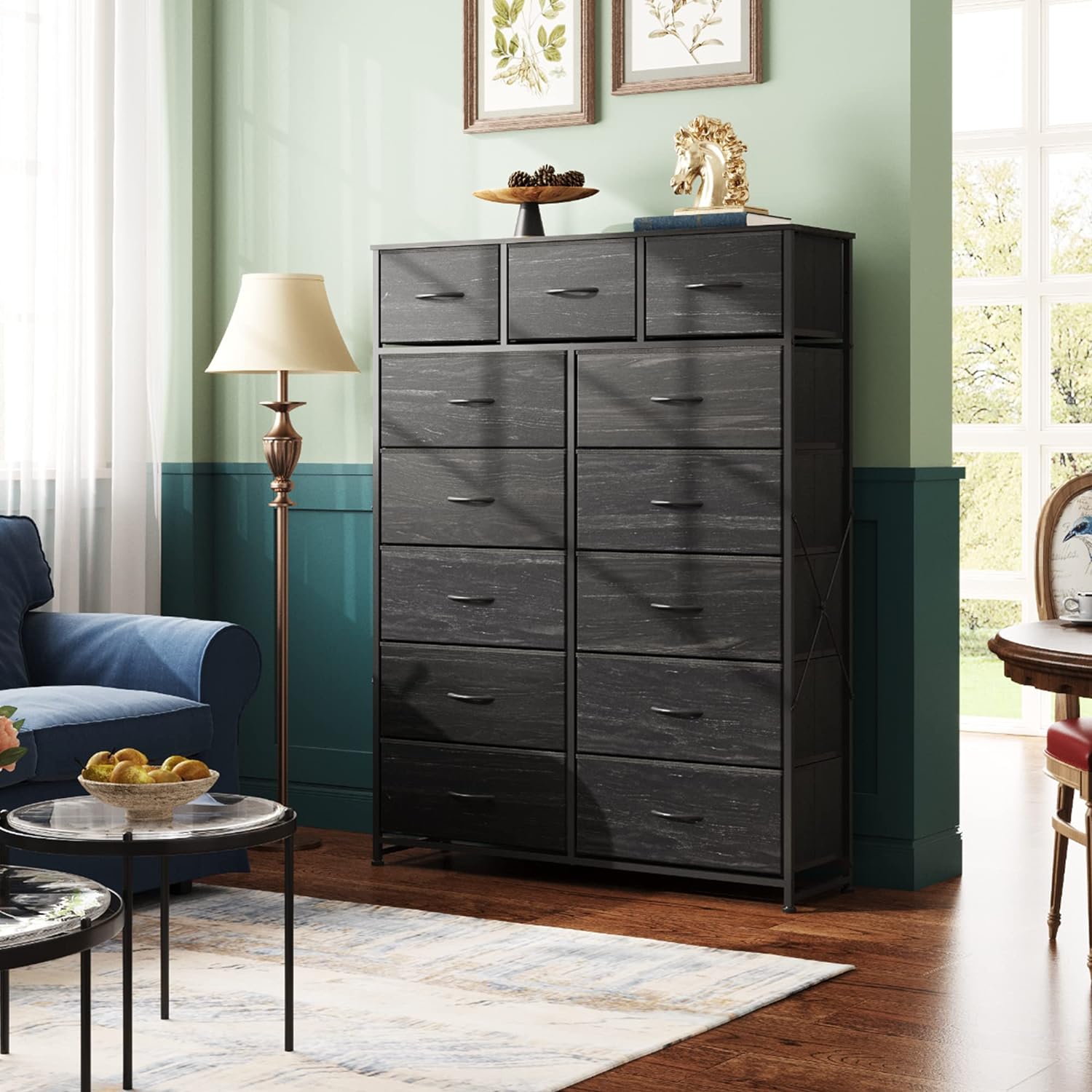 WLIVE Storage Organizer Unit with 13 Fabric Bins, Storage Drawers Organizer with Steel Frame, Tall Storage Tower Organizaton for Living Room, Hallway, Office, Charcoal Black wourant