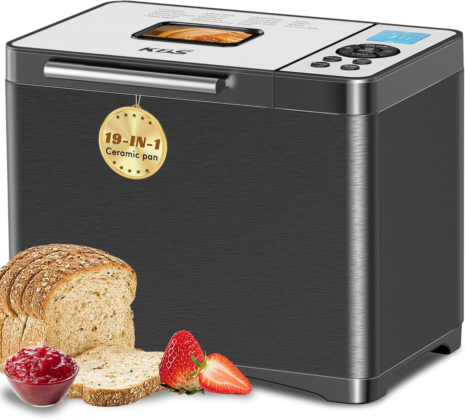 KBS 2LB Bread Maker, 19-in-1 Automatic Stainless Steel Bread Maker with Ceramic Pot, 650W Bread Maker, 3 Loaf Sizes wourant