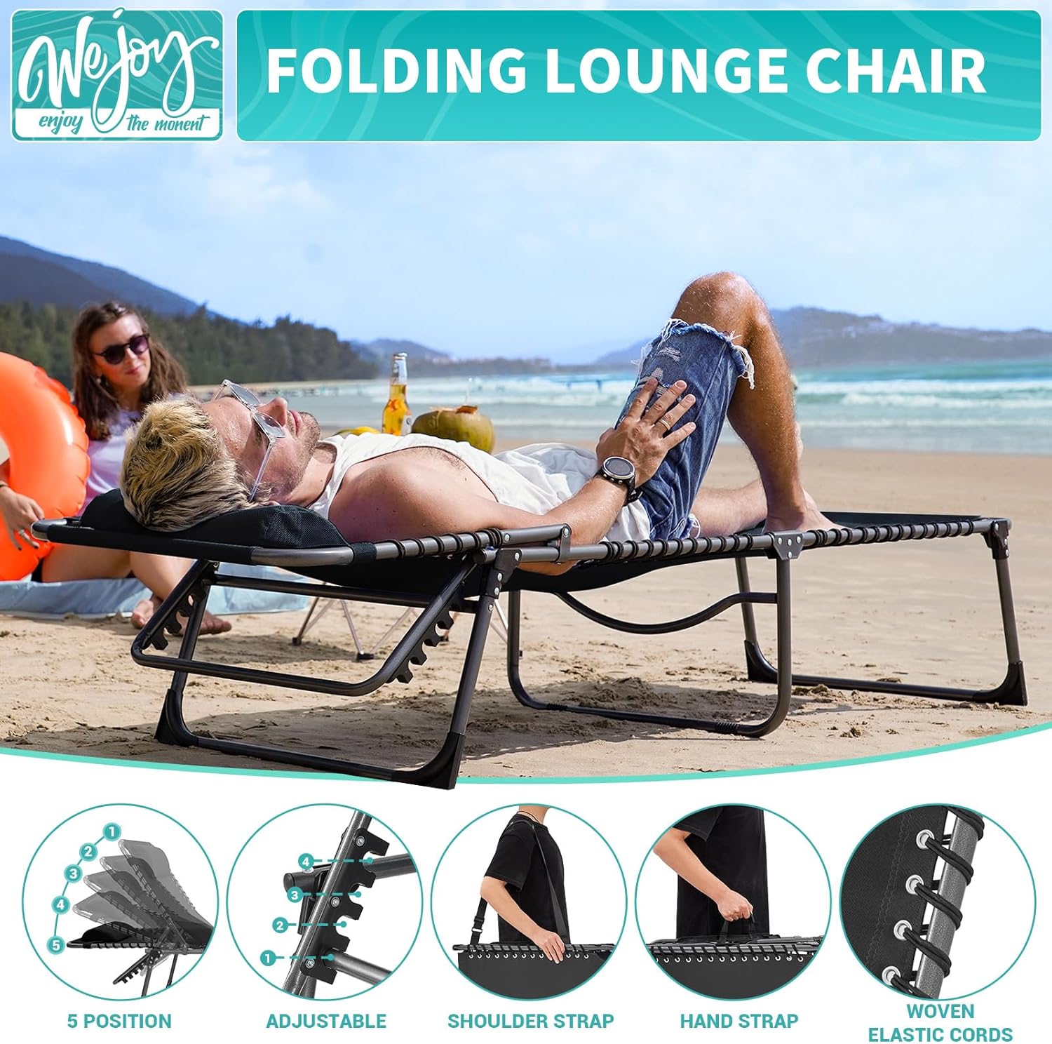 2 Pack Outdoor Chaise Lounge Chair - Portable Folding Patio Pool Lounge Chair, 5 Positions Adjustable Reclining Camping Chair with Side Table,Shoulder Strap, Pillow for Beach Sunbathing Lawn wourant