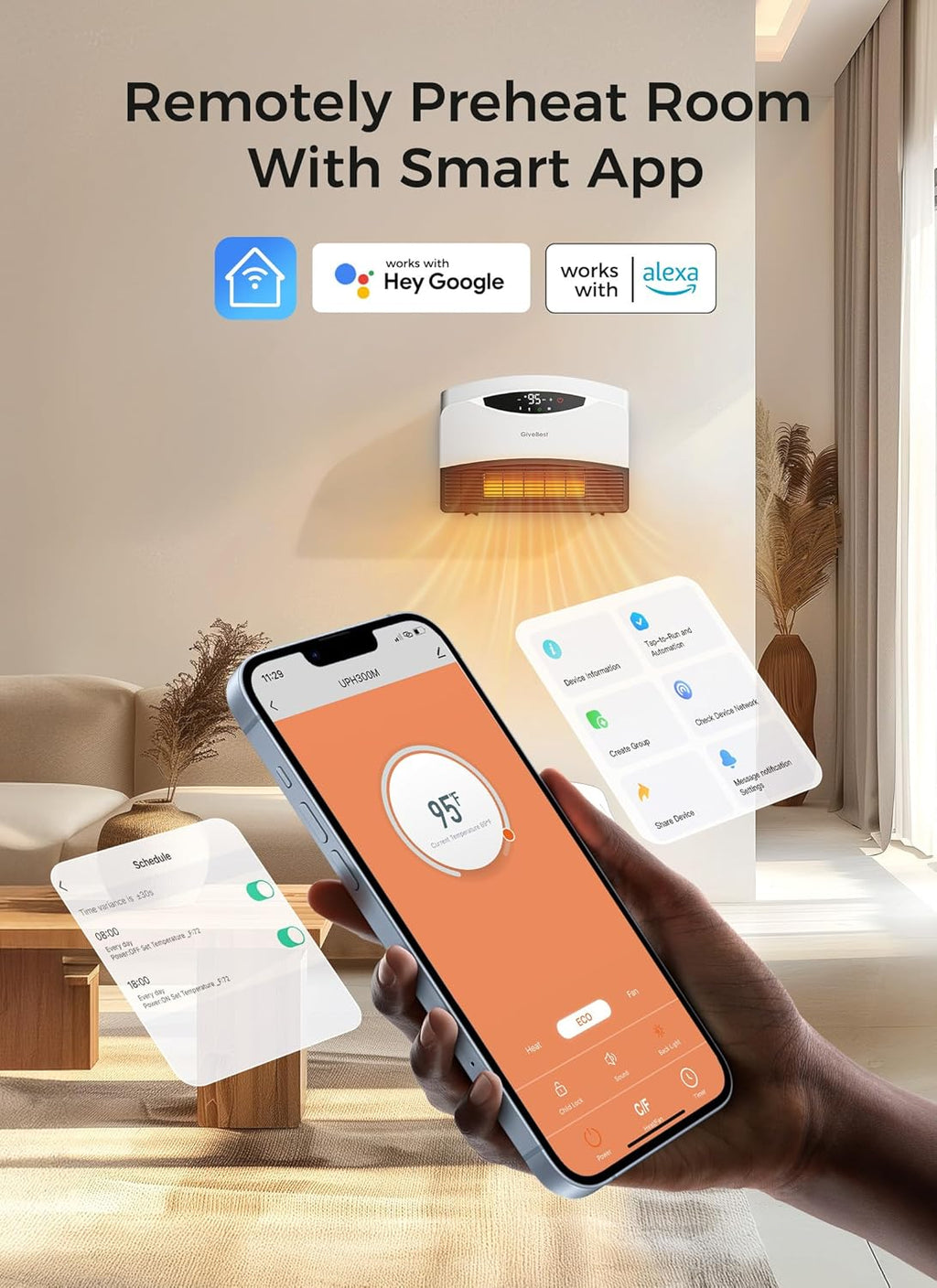 GiveBest Electric Wall Heater with WiFi and Remote Control, Floor or Wall Mounted Heater, Large Room Coverage, 3 Heating Modes, 1500W Fast Heating Space with Thermostat for Indoor Room Use wourant