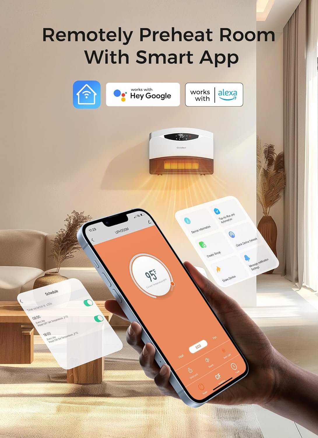 GiveBest Electric Wall Heater with WiFi and Remote Control, Floor or Wall Mounted Heater, Large Room Coverage, 3 Heating Modes, 1500W Fast Heating Space with Thermostat for Indoor Room Use wourant