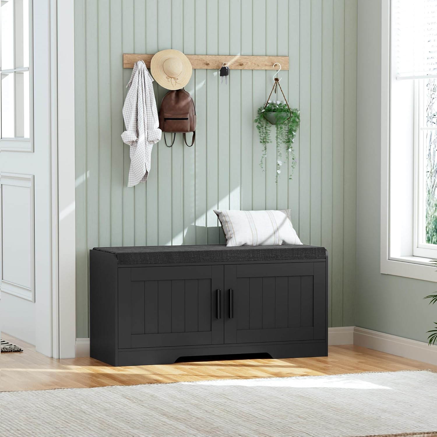 2-Tier Storage Bench, Shoe Bench with Thickened Padded Seat Cushion, Entryway Bench with 4 Doors, Adjustable Shelf wourant