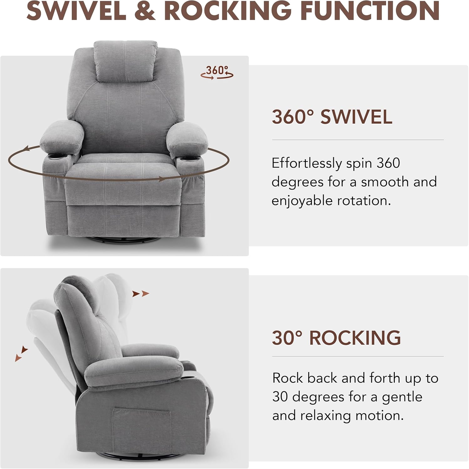 Large Swivel Rocking Recliner with Heating and Massage Function, 360 Degree Swivel Rocking Single Sofa wourant