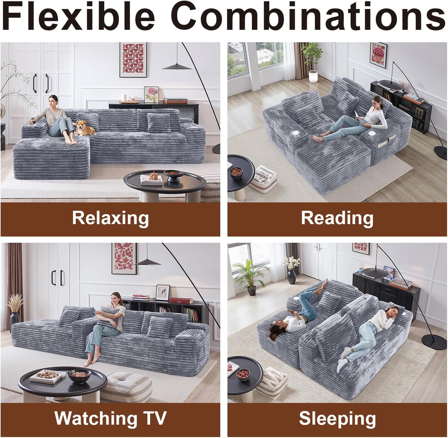 Cloud Sectional Couch with L-Shape Chaise, Modern Modular Sofa with Deep Seat, Built-in Cup Holder & Storage Pocket for Living Room Bedroom, No Assembly Required (Dark Gray, Left Sitting Chaise) wourant