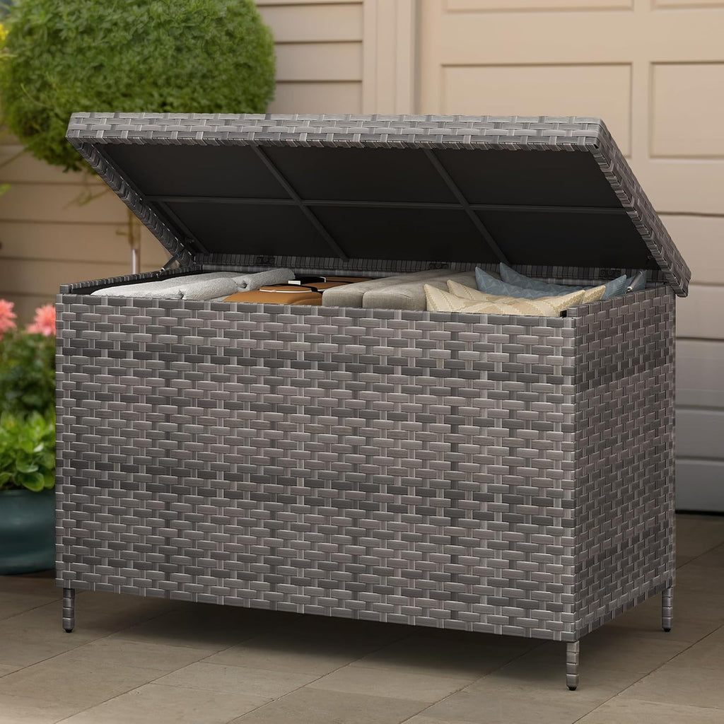 DWVO 70Gal Outdoor Storage Bench with Cushion & Composite Wood Backrest, All-Weather Wicker Deck Bench with Rustproof Bag, Poolside, Patio, Garden (Sand Beige) wourant