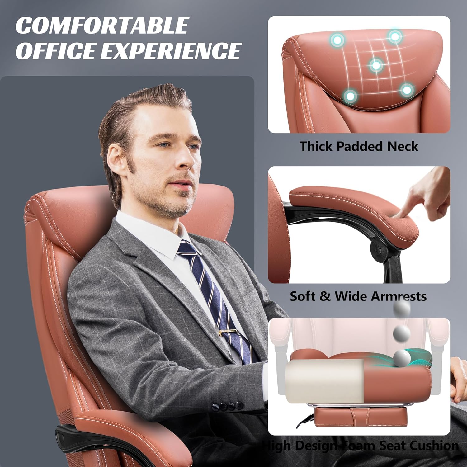 Office Chair Large High-Foot Computer Desk Chair, Breathable Leather Chair Lumbar Support Rotating Computer Chair wourant
