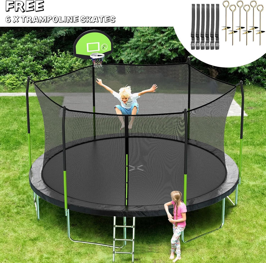 AOTOB 8FT 10FT 12FT 14 FT 15FT Trampoline with Safety Enclosure Net，Outdoor Trampoline with Basketball Hoop, Heavy Duty Jumping Mat and Spring Cover Padding for Kids and Adults, Storage Bag and Ladder wourant